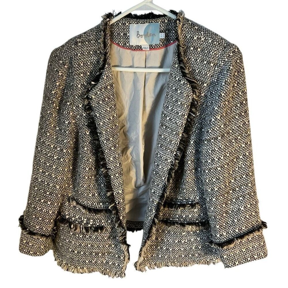 Boden Tweed Blazer, Black/White with Fringy Detail, 12. Preppy bossbabe trendy